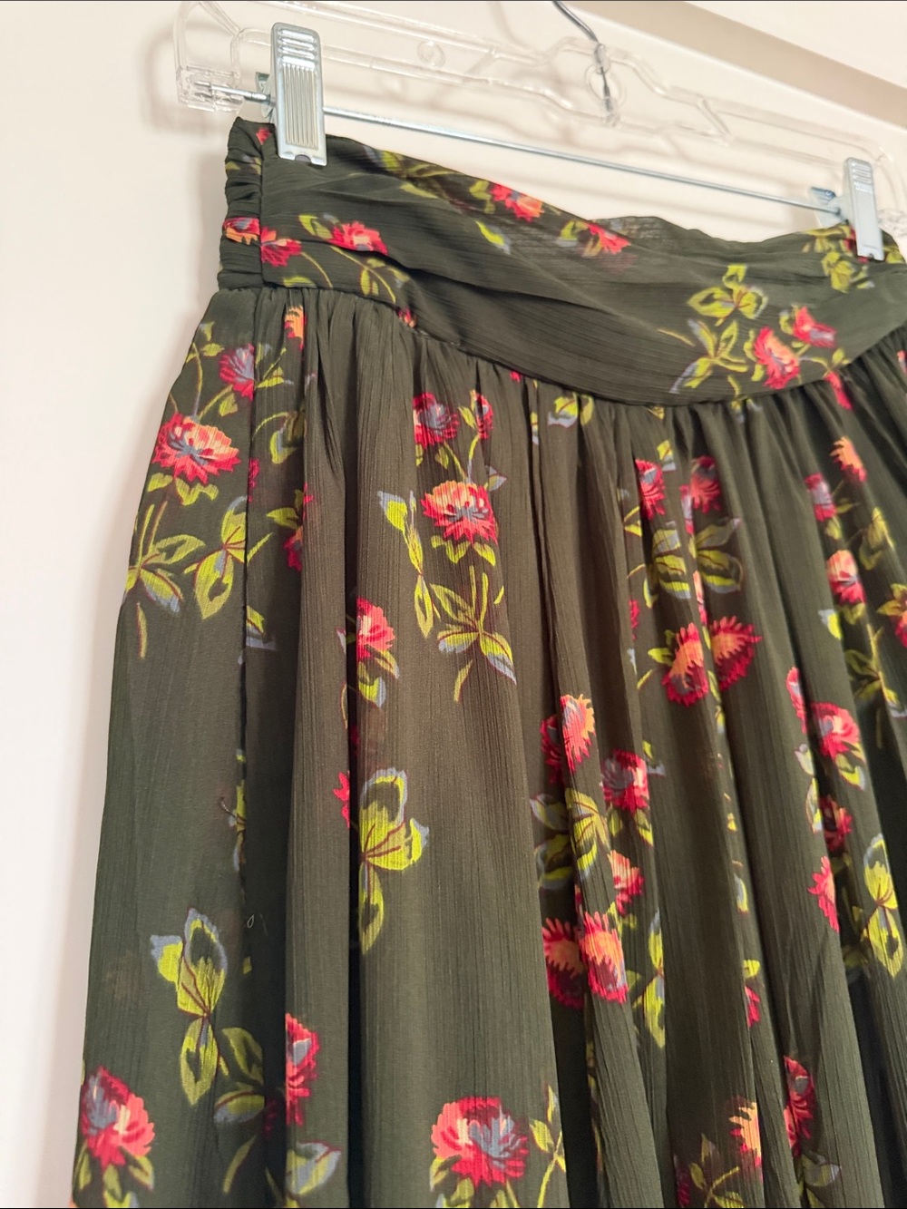 Point Sur Olive Floral Pleated Midi Skirt XS 2
